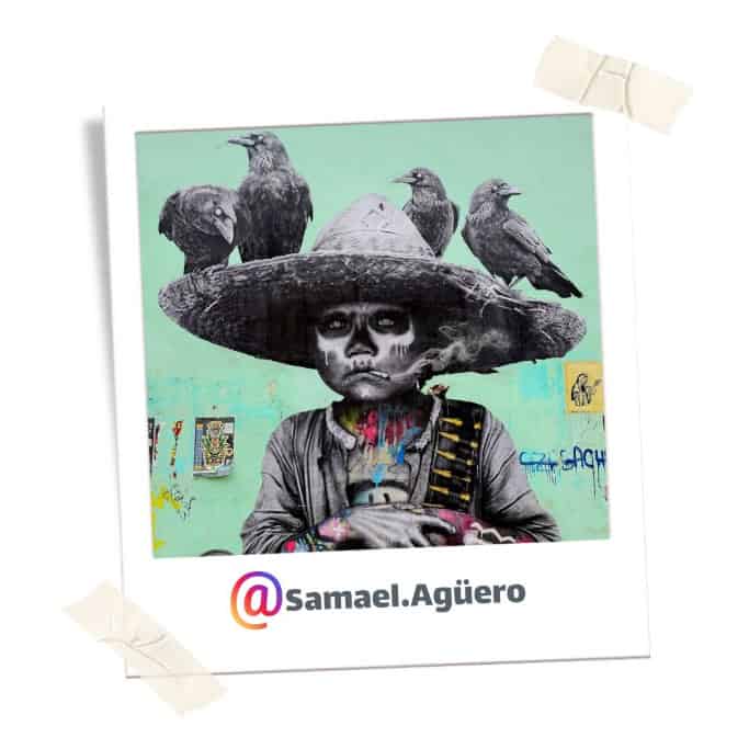 Oaxaca street art found during my 3 days in Oaxaca. Child with large hat with 4 crows on top. 
