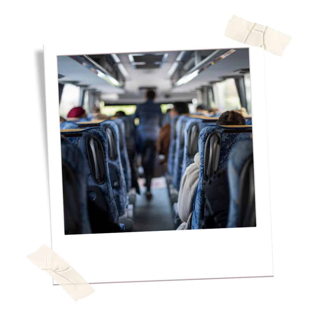 Inside of a coach bus while traveling by bus in Mexico
