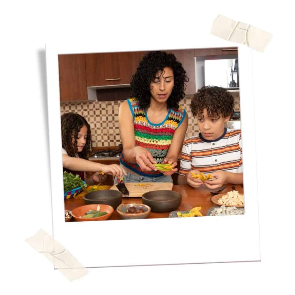 Mexican family cooking together. 