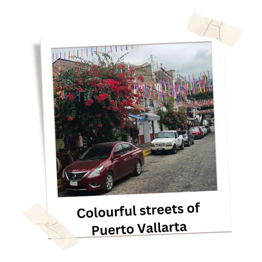 Vibrant Puerto Vallarta street scene with colorful decorations and blooming flowers, showcasing traditional Mexican charm.